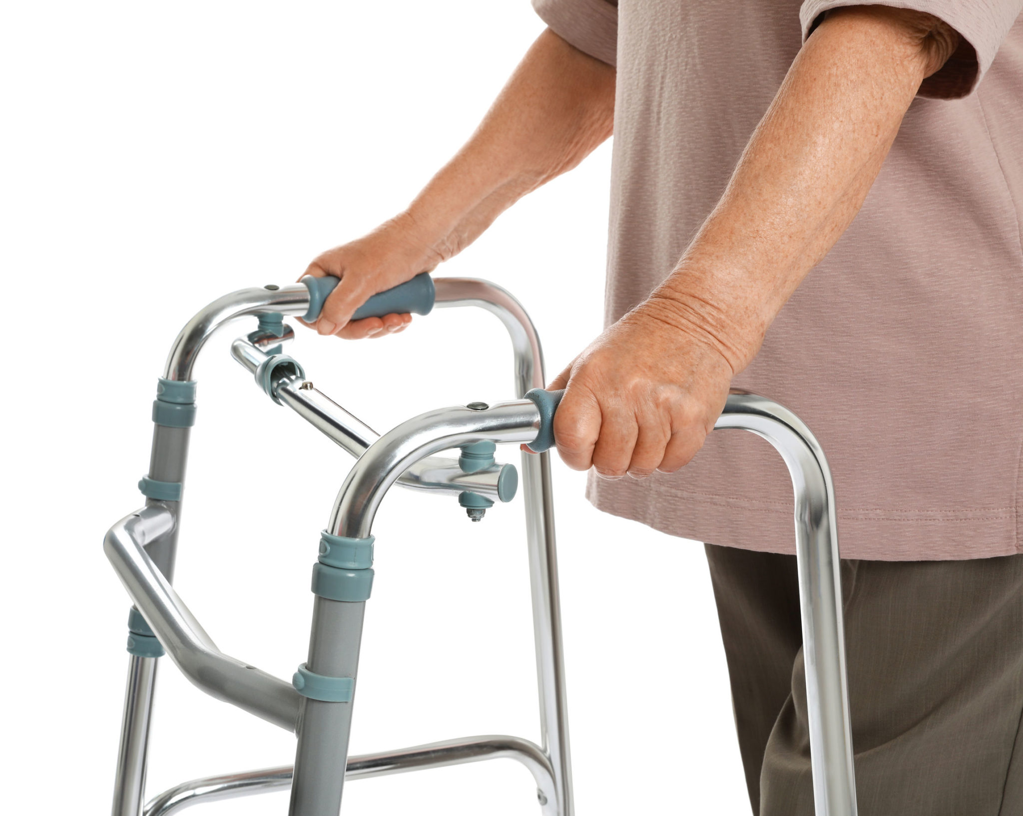 Elderly woman using walking frame isolated on white, closeup Bromley